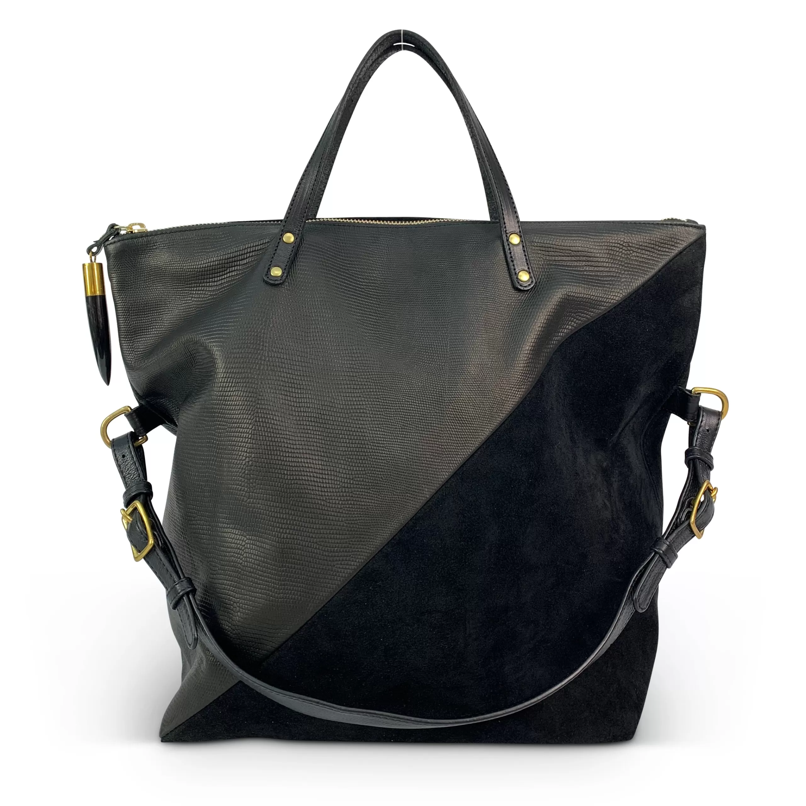 Kempton & Co Black Petite Lizard Black Suede Morleigh Foldover Tote | Totes