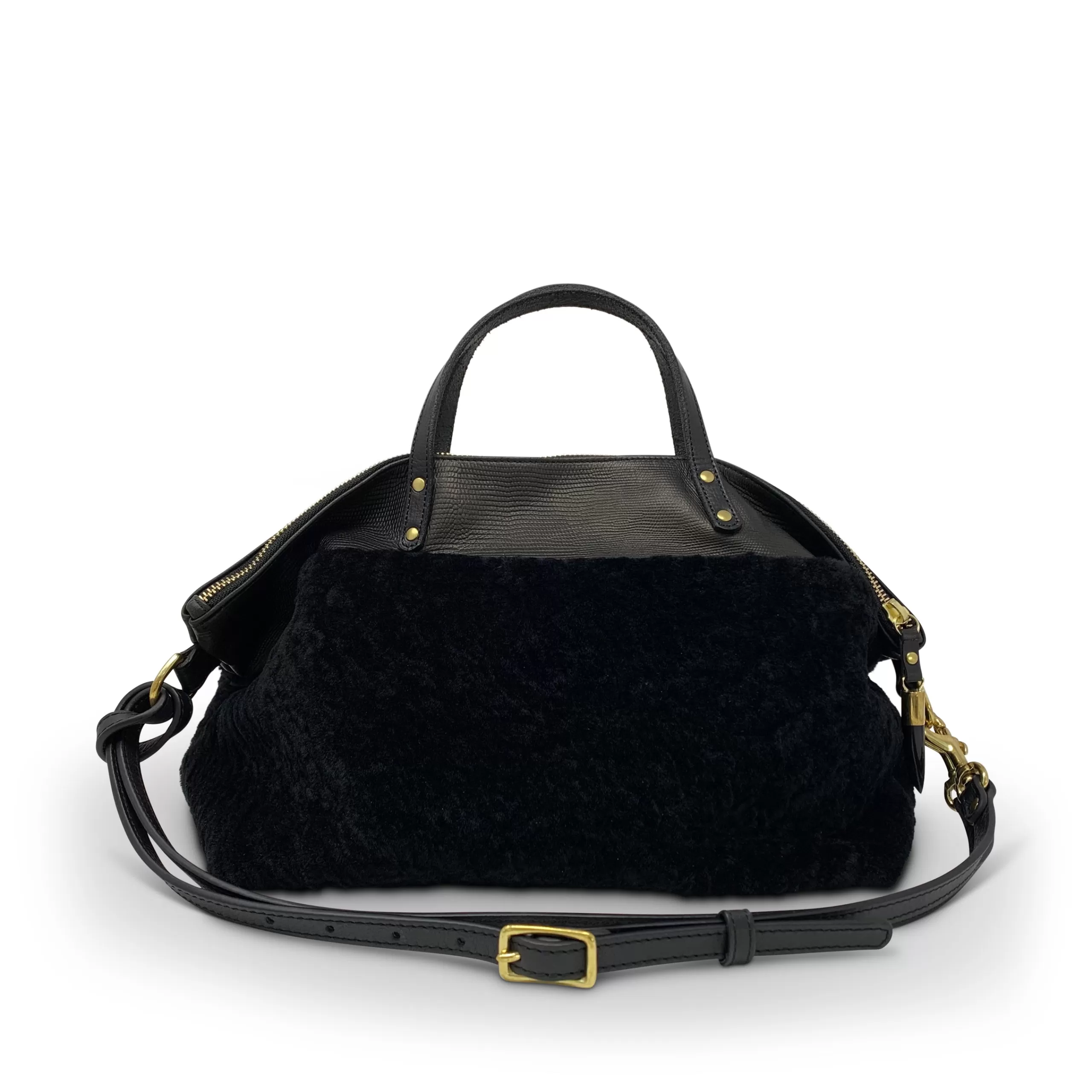 Kempton & Co Black Shearling Petite Lizard Devon Holdall | Crossbody