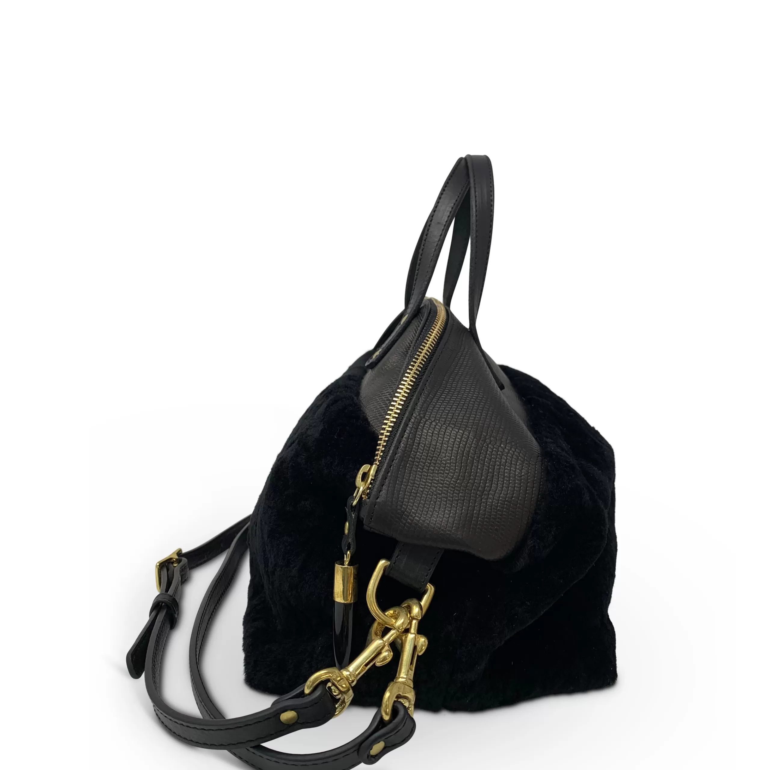 Kempton & Co Black Shearling Petite Lizard Devon Holdall | Crossbody