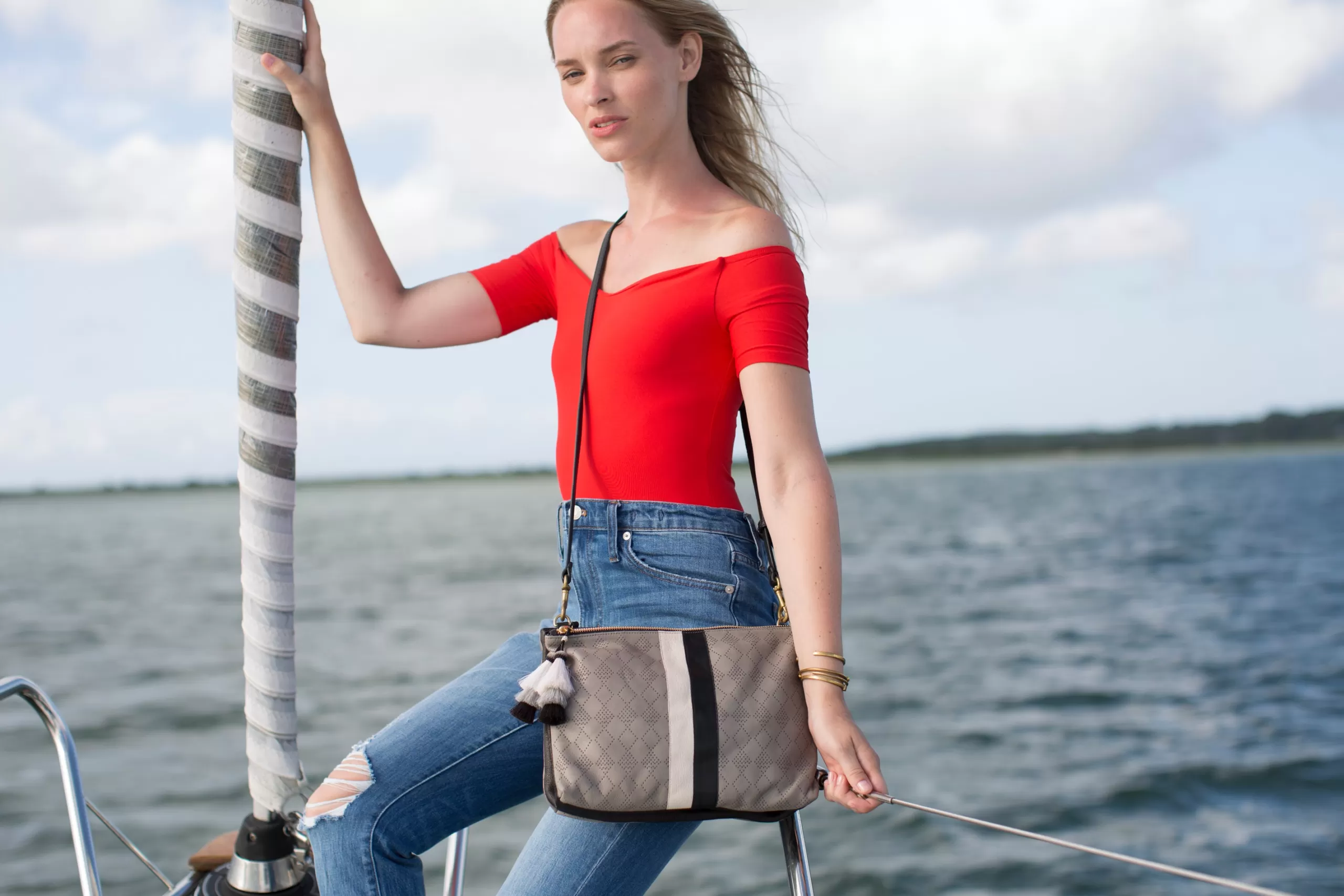 Kempton & Co Harford Double Zip Crossbody - Storm Diamond Perf White/Black Stripe | Crossbody