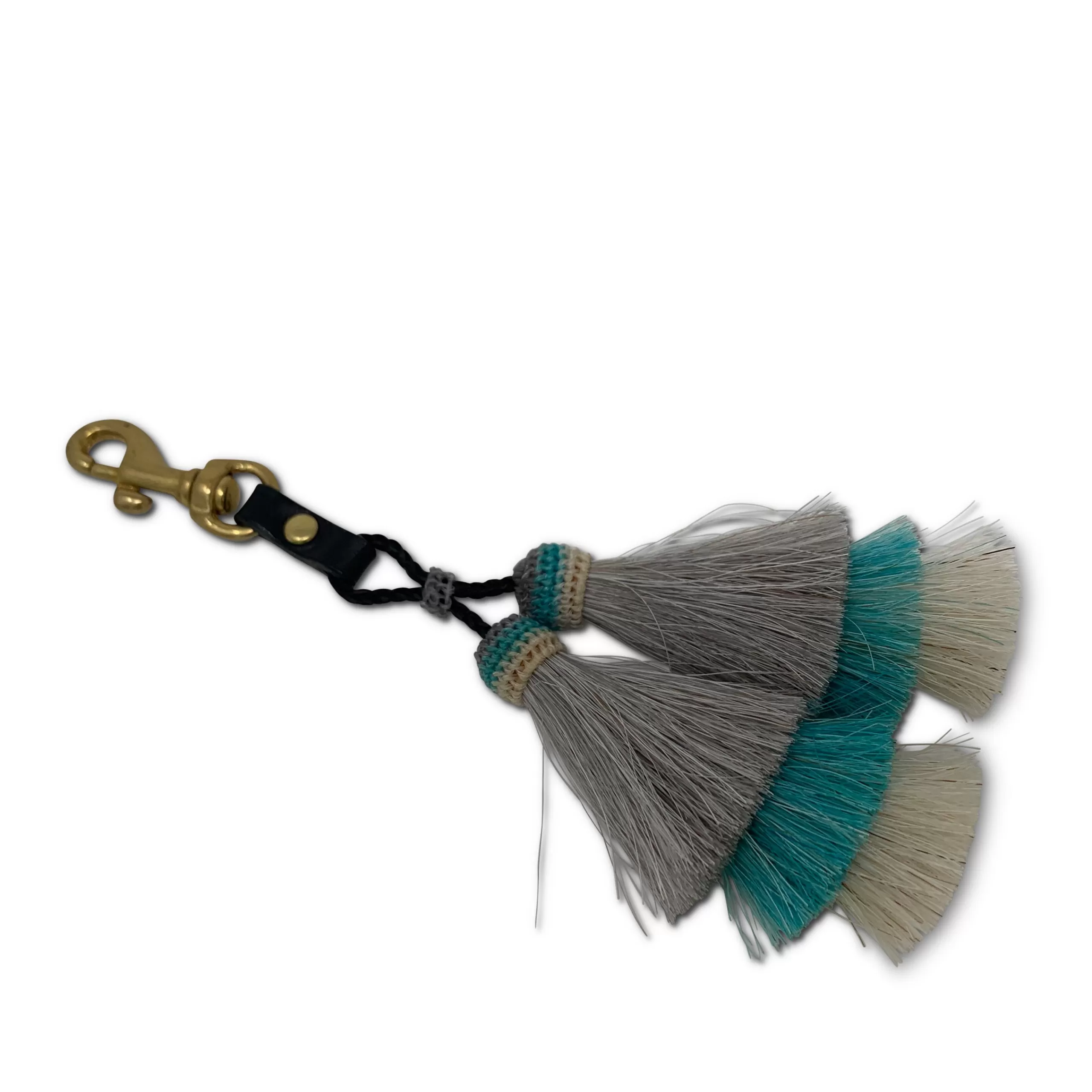 Kempton & Co . Double Mule Horse Hair Tassel Clip -Grey/Teal/White | Bag Tassels & Toggles