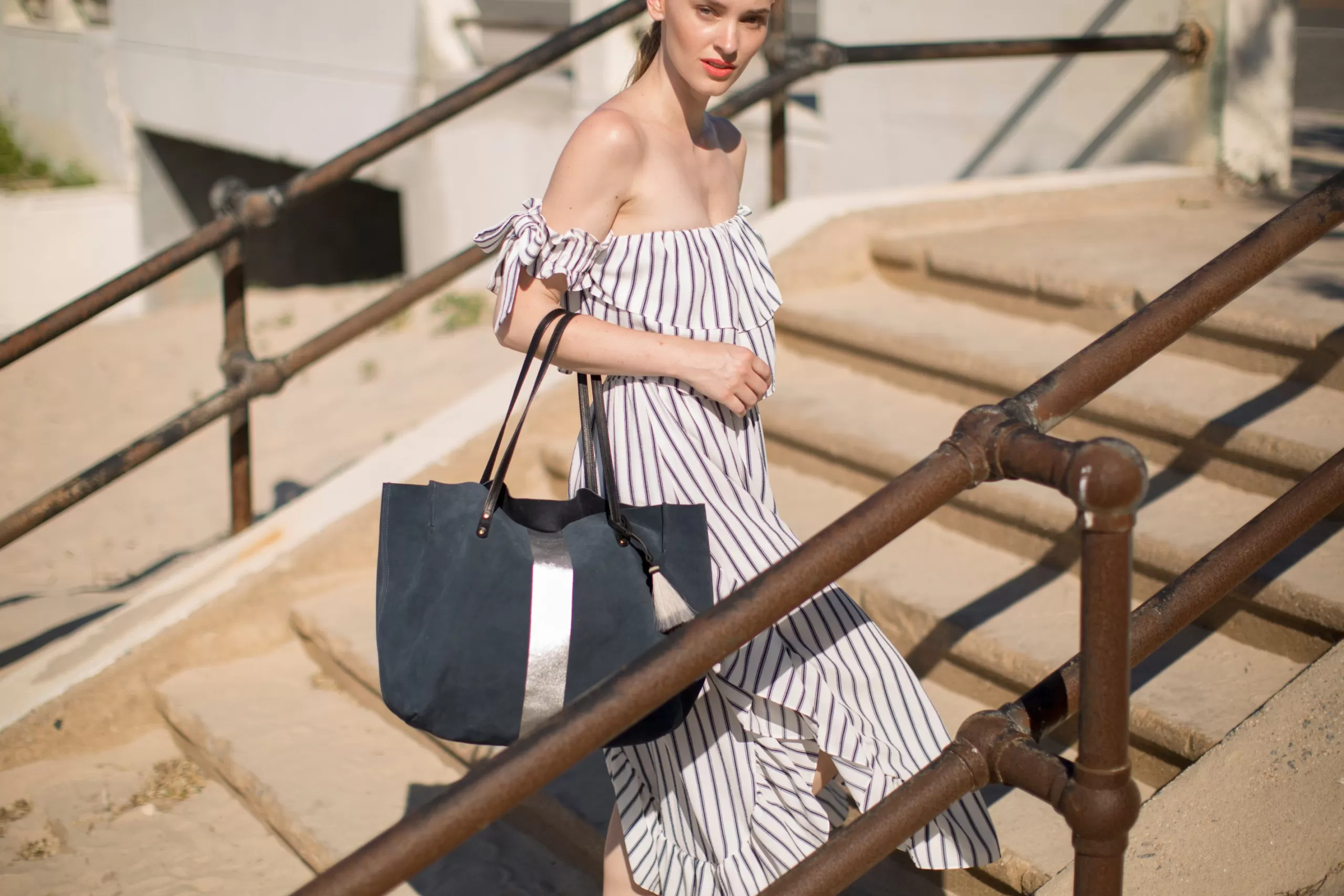 Kempton & Co Navy Suede Silver Stripe Dorset Tote | Large Bags