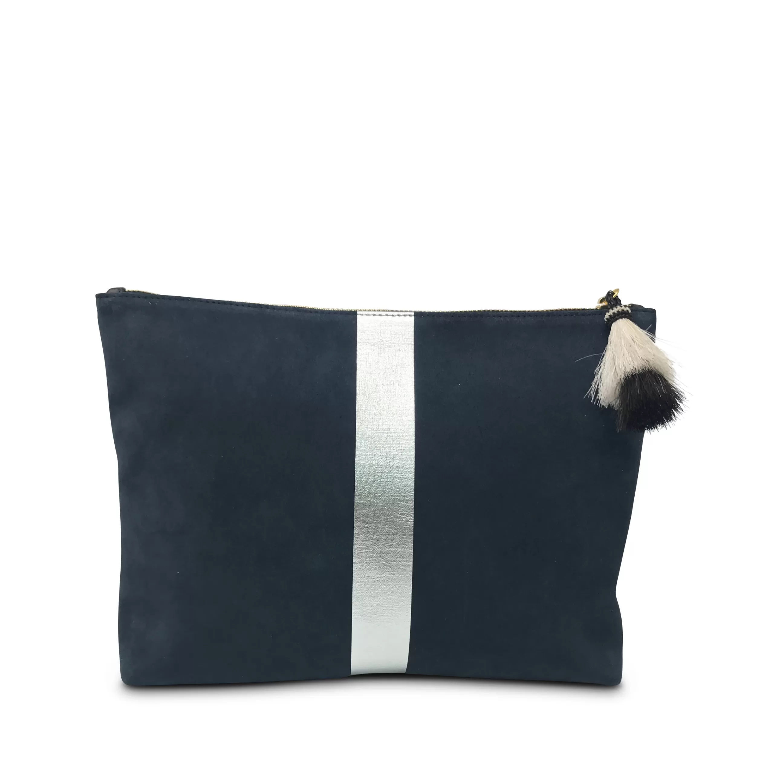 Kempton & Co Navy/Silver Striped Suede & Leather Medium Pouch | Pouches & Clutches