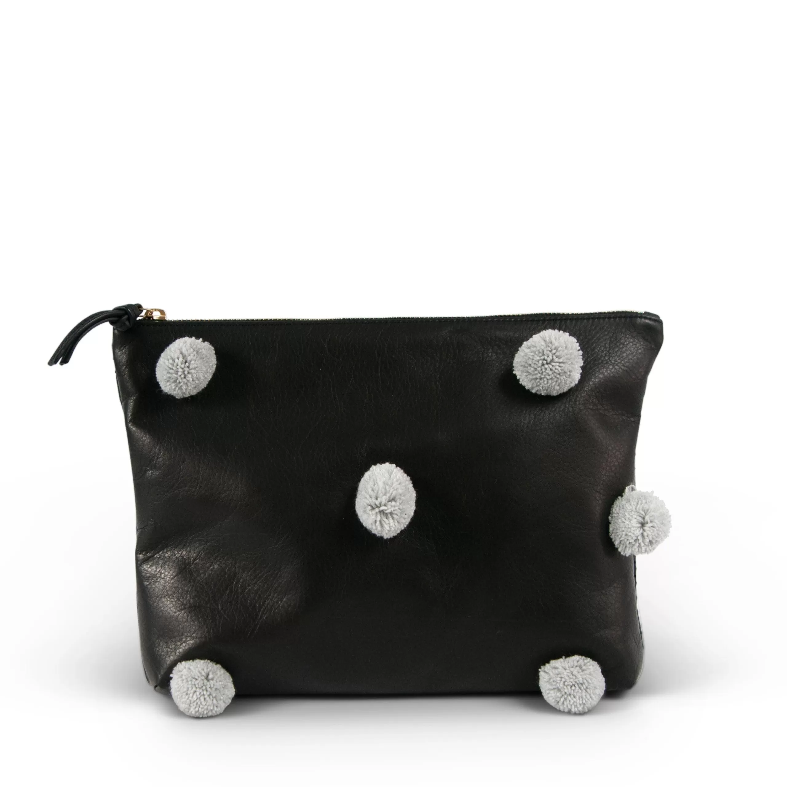 Kempton & Co Pom Pom Medium Leather Pouch - Black With Grey Poms - Sample | Pouches & Clutches