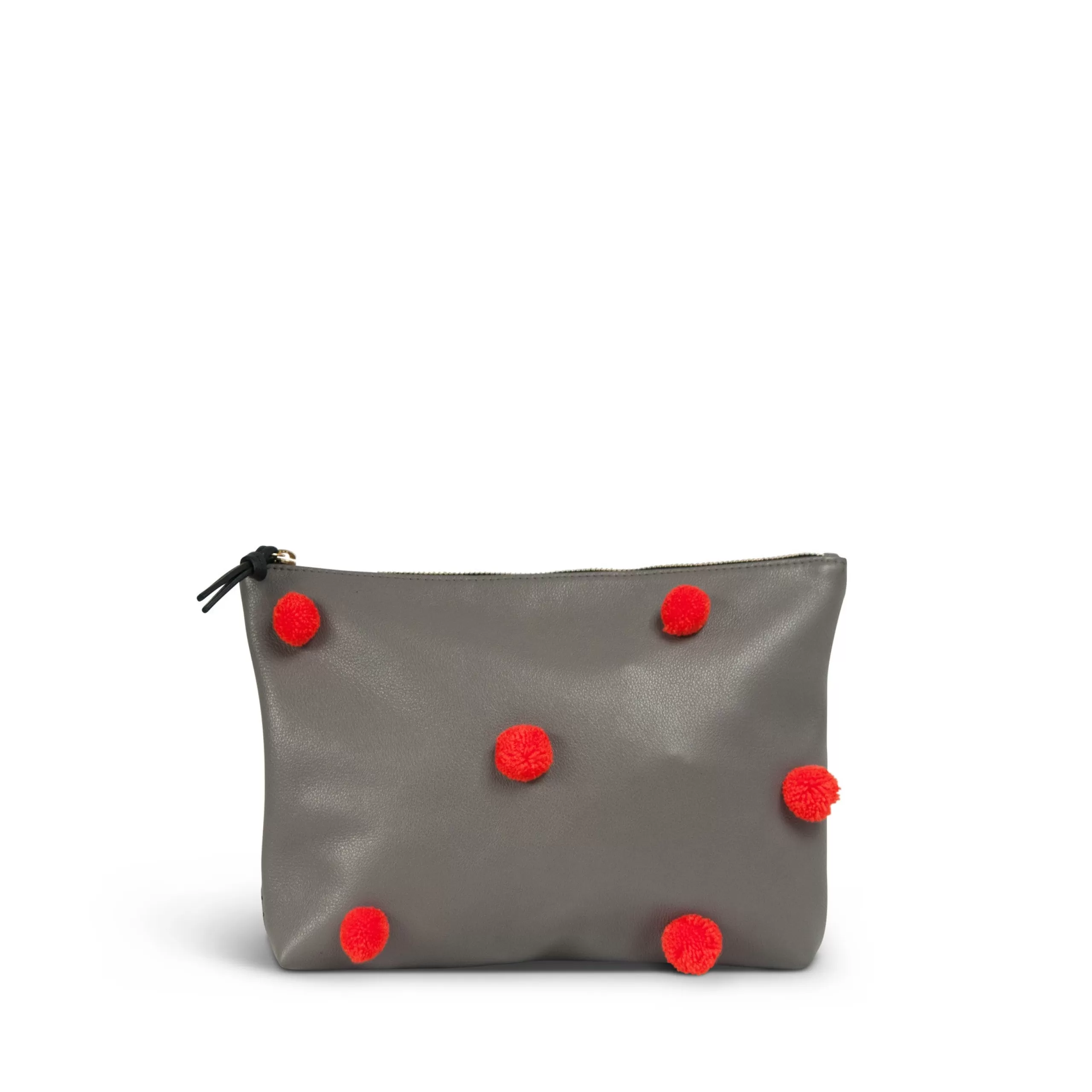 Kempton & Co Pom Pom Medium Leather Pouch - Grey With Orange Poms - Sample | Pouches & Clutches
