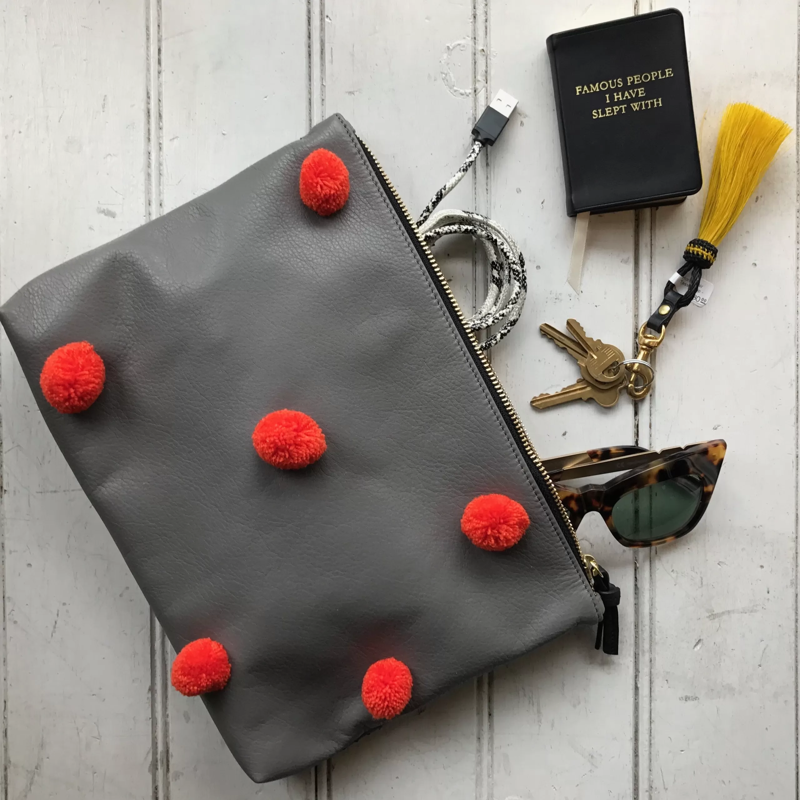 Kempton & Co Pom Pom Medium Leather Pouch - Grey With Orange Poms - Sample | Pouches & Clutches