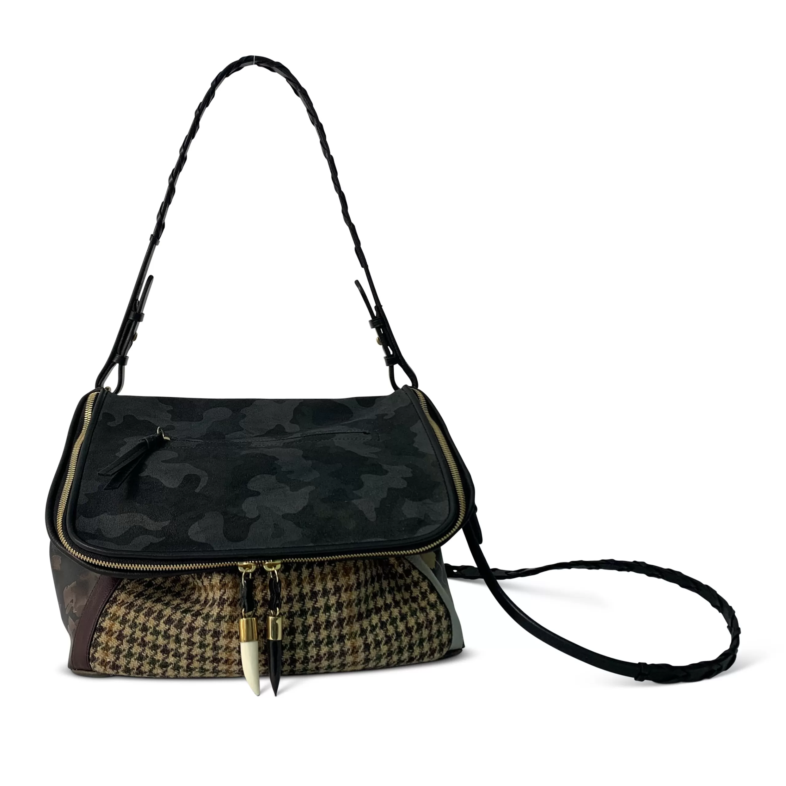 Kempton & Co Rough Night Handbag - Black Peony, Camo & Harris Tweed | Crossbody