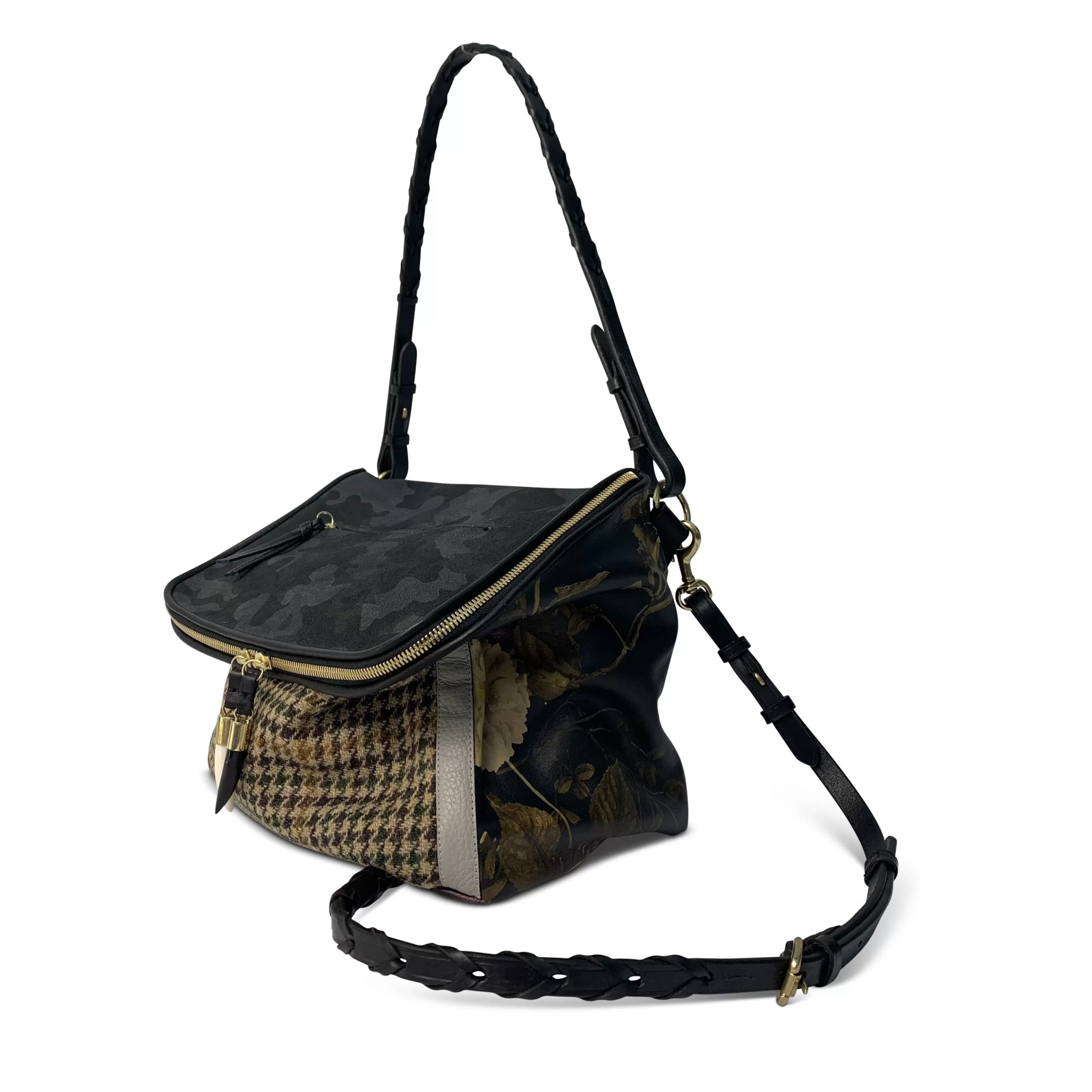 Kempton & Co Rough Night Handbag - Black Peony, Camo & Harris Tweed | Crossbody