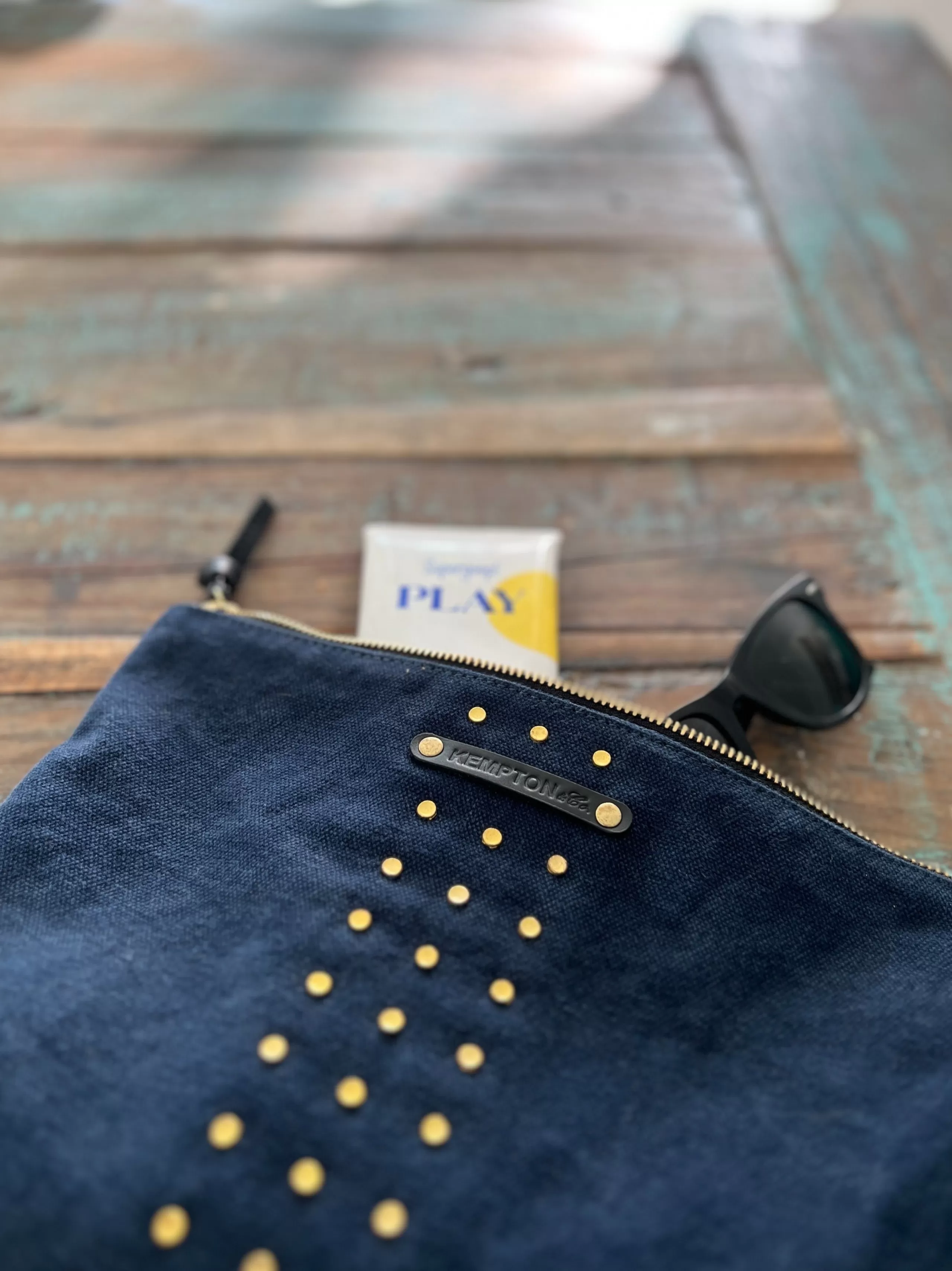 Kempton & Co Washed Navy Studded Medium Canvas Pouch | Pouches & Clutches